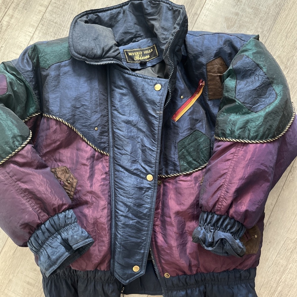 Vintage Beverly Hills Blues Duck Down Ski Jacket Iridescent Patchwork Small